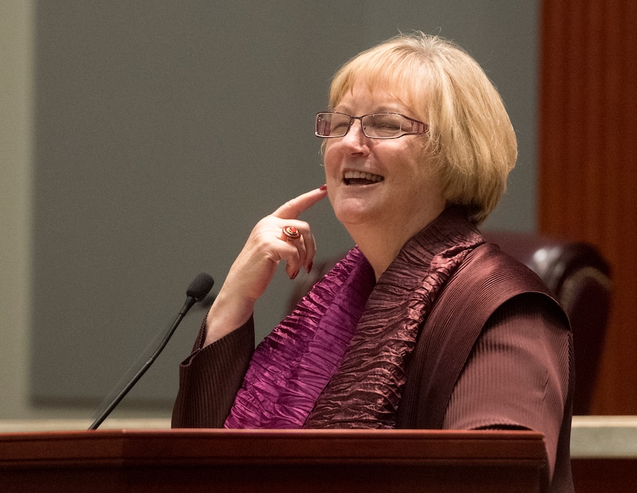 (Rick Egan  |  The Salt Lake Tribune)  Utah Supreme Court Justice Christine M. Durham speaks at her retirement reception at the Matheson Courthouse on Monday, Nov. 13, 2017.