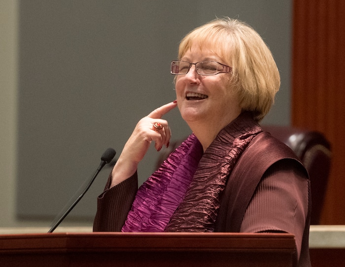 (Rick Egan | The Salt Lake Tribune) Justince Christine M. Durham speaks at her reception at the Matheson Courthouse,
Monday, November 13, 2017.