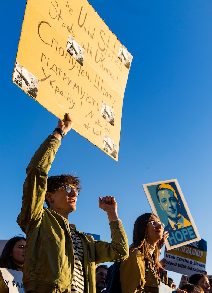 (Rick Egan | The Salt Lake Tribune) Hundreds of protesters gather at the Utah Capitol for a rally in support of Ukraine, on Monday, Feb. 28, 2022.