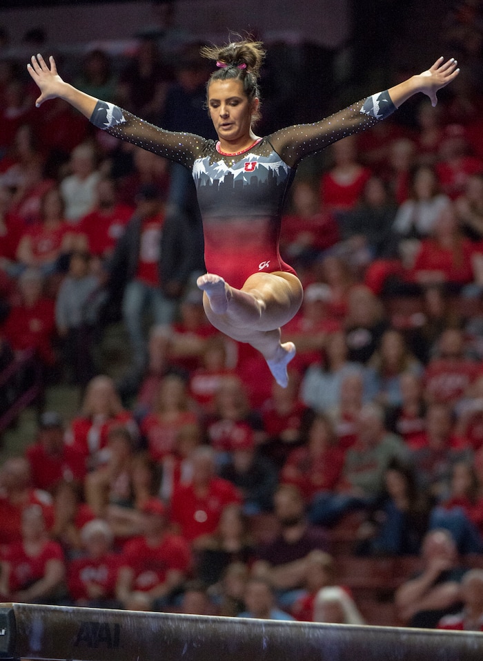 (Rick Egan  |  The Salt Lake Tribune)    Alexia Burch competes on the balance beam for Utah, in the PAC-12 Gymnastics Championships at the Maverik Center, Saturday, March 23, 2019.


