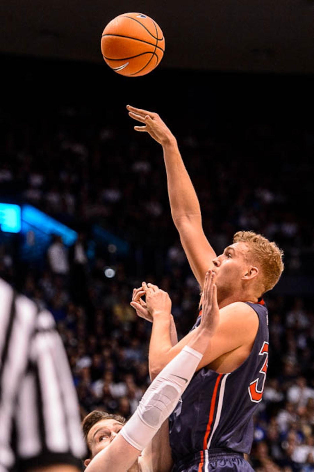 (Trent Nelson | The Salt Lake Tribune)   St. Mary's Gaels center Jock Landale (34) shoots over Brigham Young Cougars forward Payton Dastrup (15) as BYU hosts the St. Mary's Gaels, NCAA basketball in Provo, Saturday December 30, 2017.