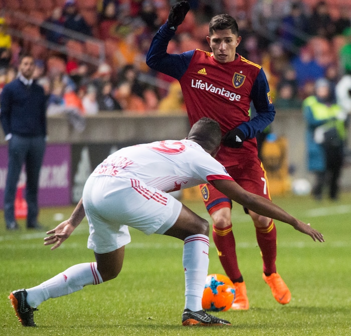 (Rick Egan  |  The Salt Lake Tribune)      Real Salt Lake forward Jefferson Savarino (7) tries to get past New York Red Bulls defender Fidel Escobar (29) in MLS action between Real Salt Lake and New York Red Bulls at Rio Tinto Stadium, Saturday, March 17, 2018.


