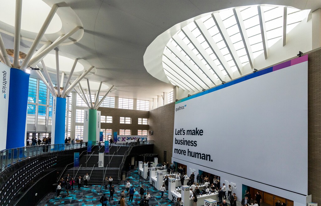 (Rick Egan | The Salt Lake Tribune) Volunteers and staff prepare for the Qualtrics X4 Summit at the Salt Palace Convention Center in Salt Lake City, on Tuesday, March 7, 2023. The three-day conference, aimed at customer service and human resources executives at major companies, closed out Thursday, March 9, 2023.