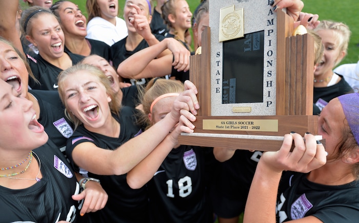 (Chris Samuels | The Salt Lake Tribune) Riverton celebrates winning the 6A girls’ soccer state championships 3-1 over Skyridge at Rio Tinto Stadium in Sandy, Friday, Oct. 22, 2021.