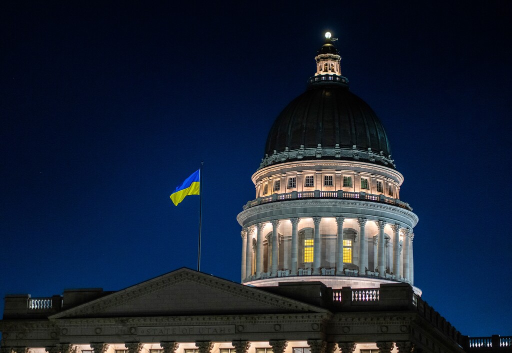 (Rick Egan | The Salt Lake Tribune) The Utah Capitol flies the Ukrainian flag in support of Ukraine, on Monday, Feb. 28, 2022.