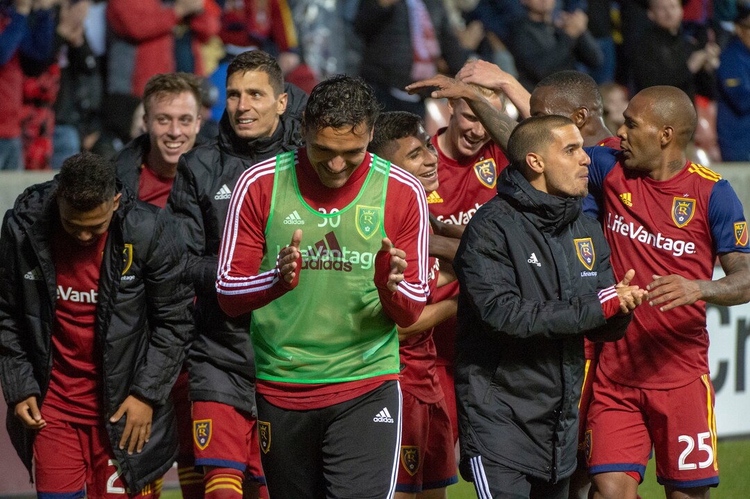 (Rick Egan  |  The Salt Lake Tribune).  Real Salt Lake celebrates after Real Salt Lake forward Jefferson Savarino (7) scored the winning goal, in MLS soccer action between Real Salt Lake and Atlanta United at Rio Tinto Stadium in Sandy, Friday, May 24, 2019.