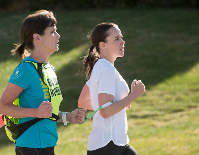 (Rick Egan  |  The Salt Lake Tribune)  Becky Andrews and Alanna Whetsel train for the Boston Marathon by running along David Boulevard in Bountiful, Thursday, March 29, 2018.
