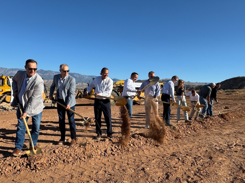 (Mark Eddington | The Salt Lake Tribune) State, local and federal officials break ground on a $12.5 million water recycling facility aimed at boosting water supplies in Washington County on Aug. 4, 2026.