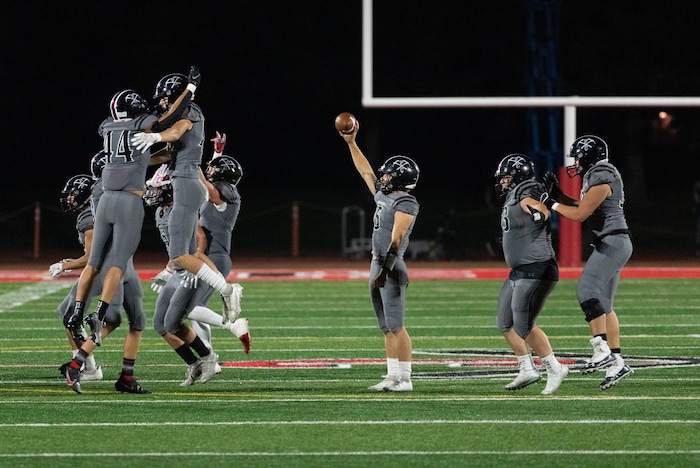 (Francisco Kjolseth | The Salt Lake Tribune) The Park City Miners celebrate their 24-23 win over East High In prep football action at Park City on Friday, Sept. 3, 2021.