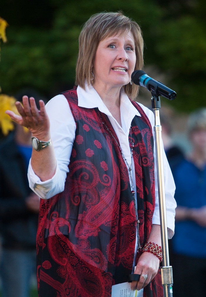 (Rick Egan  |  The Salt Lake Tribune)  Mindy Hansen speaks at a candle light vigil for the victims of the Las Vegas shooting, on the SUU campus in Cedar City, Wednesday, October 4, 2017.