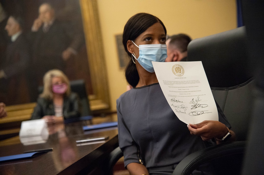 (Francisco Kjolseth  | The Salt Lake Tribune) Utah’s six Republican presidential electors cast their vote for current President Donald Trump at the Utah State Capitol, Monday, Dec. 14, 2020, including former Congresswoman Mia Love, filling in as an alternate for Utah Attorney General Sean Reyes who was in quarantine due to the coronavirus.