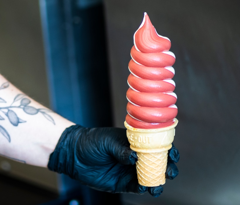 (Rick Egan | The Salt Lake Tribune) Red Velvet and Cream Cheese twist, cone, at Normal Ice Cream, onTuesday, February 28, 2023.