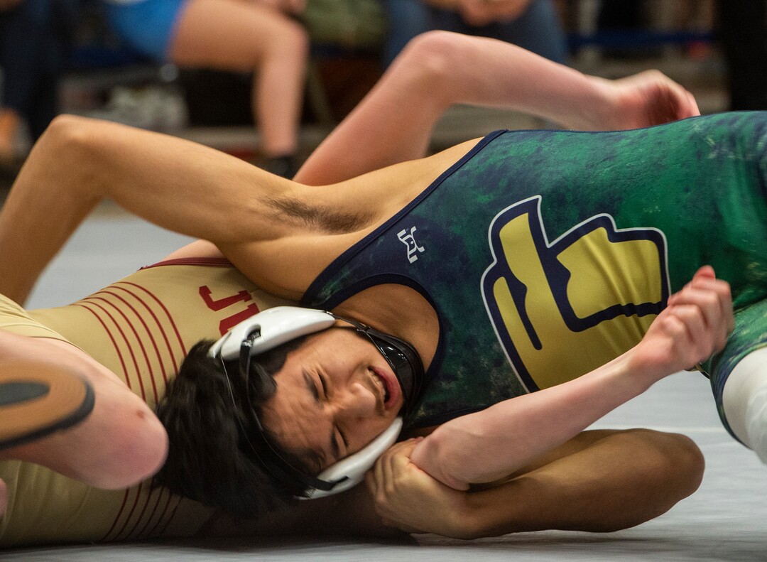 (Rick Egan | The Salt Lake Tribune)  Kaden Ercanbrack (Juab) wrestles Edgar Renteria (Snow Canyon) in the 113 division at the High School All Star wrestling event in Orem, on Tuesday, Jan. 12, 2021.