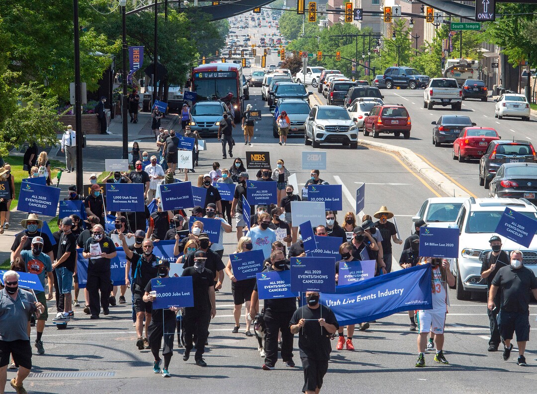 (Rick Egan  |  The Salt Lake Tribune)     Members of Utah Live Events Industry Association march to the State Capitol in a silent march to call attention to the state of their industry, on Tuesday, July 21, 2020.