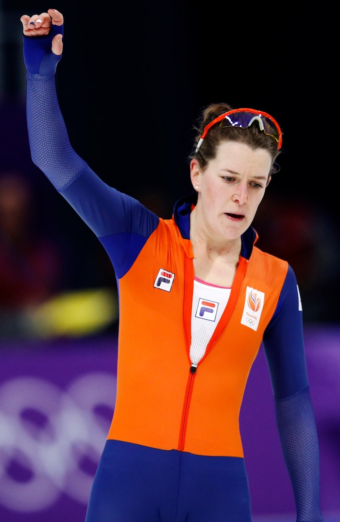 Ireen Wust of Netherlands celebrates after the women's 1,500 meters speedskating race at the Gangneung Oval at the 2018 Winter Olympics in Gangneung, South Korea, Monday, Feb. 12, 2018. (AP Photo/Vadim Ghirda)