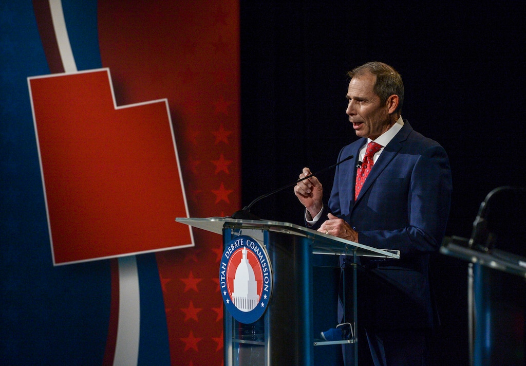 (Leah Hogsten | The Salt Lake Tribune) Utah's 3rd Congressional District Incumbent Republican Rep. John Curtis (shown) debates Democrat Devin Thorpe for the 3rd District of Utah's seat in the U.S. House of Representatives, October 15, 2020.