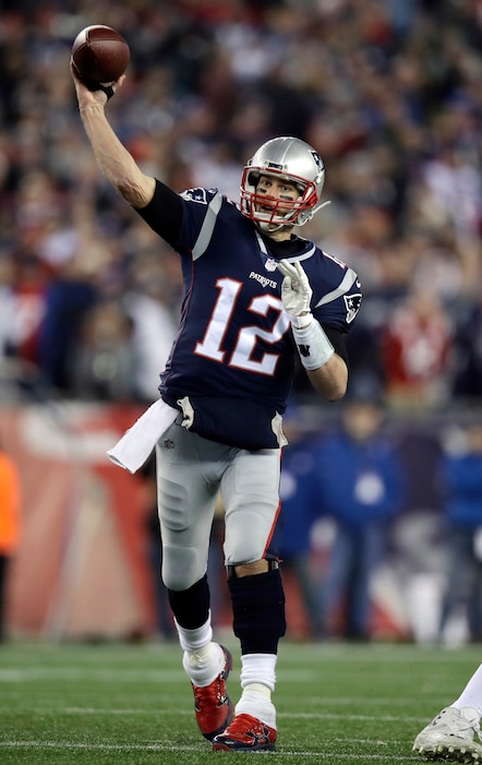 FILE - In this Sunday, Jan. 21, 2018, file photo, New England Patriots quarterback Tom Brady (12) throws against the Jacksonville Jaguars during the second half of the AFC championship NFL football game in Foxborough, Mass. The Patriots and the Philadelphia Eagles are set to meet in Super Bowl 52 on Sunday, Feb. 4, 2018, in Minneapolis. (AP Photo/Charles Krupa, File)