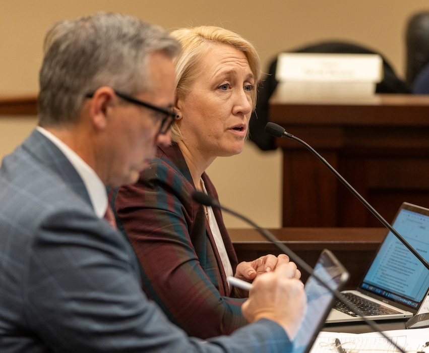 (Rick Egan | The Salt Lake Tribune)  Rep Karianne Lisonbee and Sen. Dan McCay discuss HB467 during a Senate committee meeting, on Wednesday, Feb. 22, 2023. Lisonbee is proposing legislation this year in hope of expediting the Utah Supreme Court's ruling on the state's abortion trigger law.