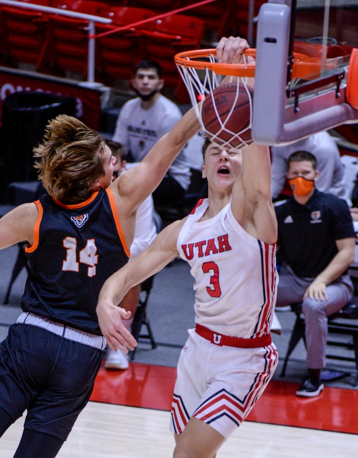 t(Leah Hogsten  |  The Salt Lake Tribune) Utah Utes guard Pelle Larsson (3) stuffs one around Idaho State Bengals forward Daxton Carr (13) during their NCAA basketball matchup Tuesday, Dec. 8, 2020 at the Jon M. Huntsman Center.