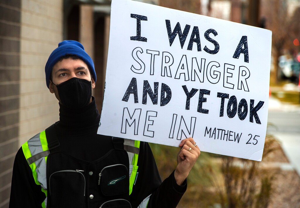 (Rick Egan | The Salt Lake Tribune) Kevin Nemelka joins Black Lives Matter and other groups, to protest the way the health department has been forcing people experiencing homelessness to move in the middle of a pandemic and the coldest time of the year, in front of the Salt Lake Public Health Center on Friday, Dec. 18, 2020.