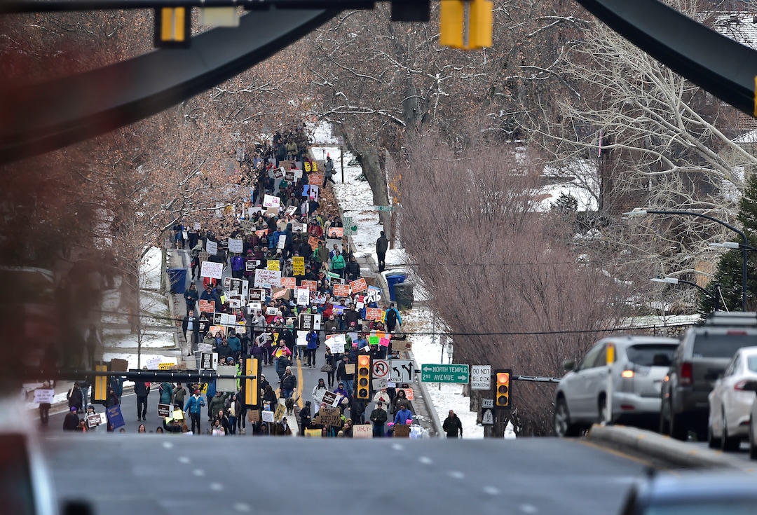 (Scott Sommerdorf   |  The Salt Lake Tribune)   Protestors marched away from the capitol building after President Trump's visit to Salt Lake City, Monday, December 4, 2017.  