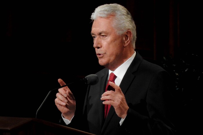 (Trent Nelson | The Salt Lake Tribune)  President Dieter F. Uchtdorf speaks at the General Women's Session of the 187th Semiannual General Conference of the The Church of Jesus Christ of Latter-day Saints, in Salt Lake City, Saturday September 23, 2017.