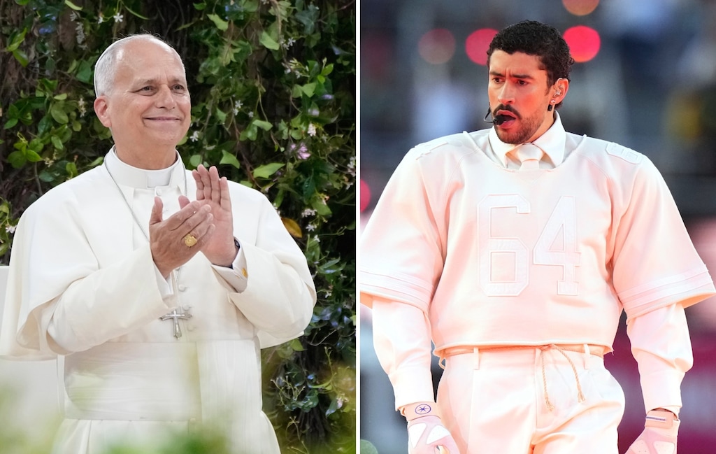 (AP) Pope Leo XIV, left, on a trip to Spain this week; and Bad Bunny, right, while performing at the Super Bowl in February in Santa Clara, California.