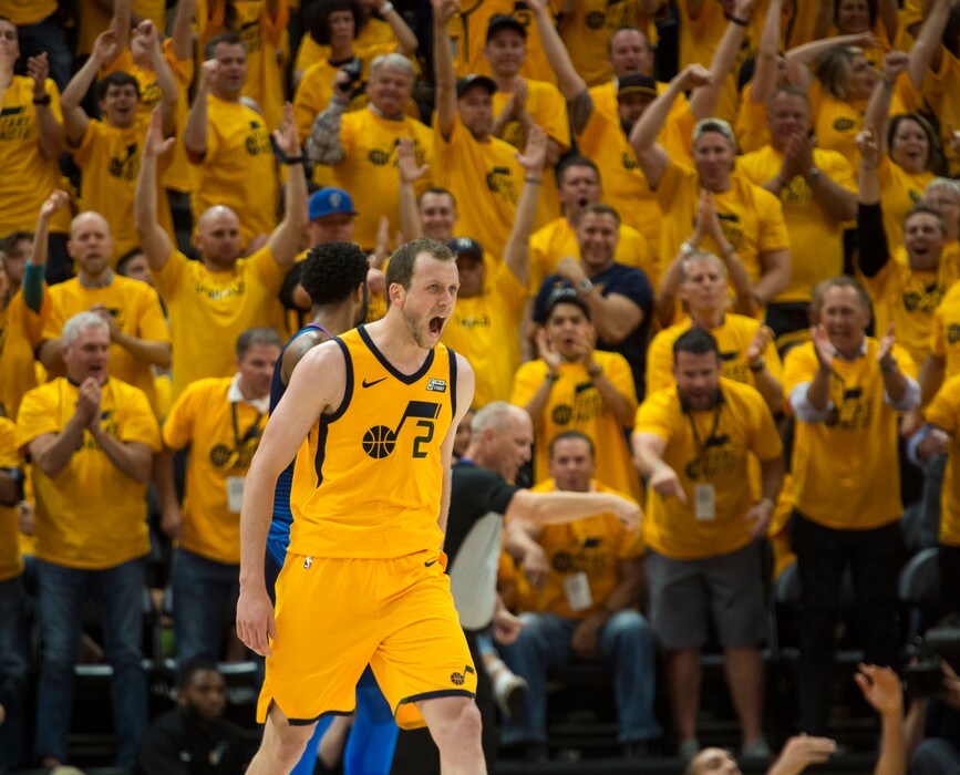 (Rick Egan  |  The Salt Lake Tribune)     Utah Jazz forward Joe Ingles (2) reacts after tying the game  bringing the Jazz back with in 3 points, with a 3-point-shot in the second quarter, in NBA game 6 playoff action between Utah Jazz and Oklahoma City Thunder in Salt Lake City, Friday, April 27, 2018.