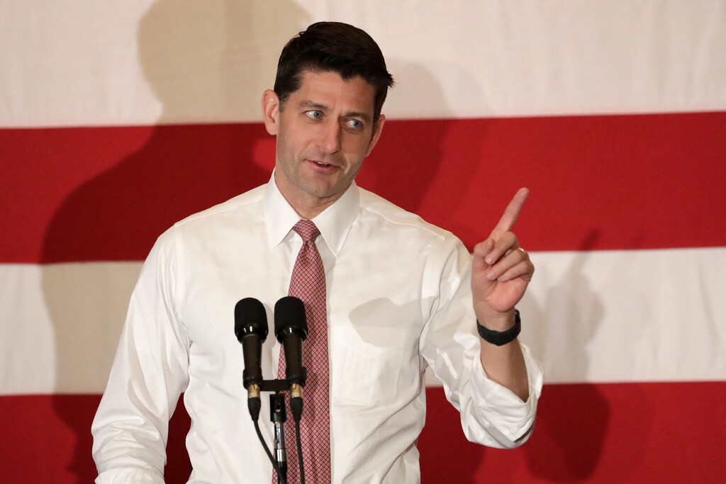 FILE - In this Oct. 17, 2018, file photo, U.S. House Speaker Paul Ryan speaks during a campaign event for Jay Webber, Republican candidate for Congress in the 11th District of New Jersey, in Hanover, N.J. U.S. Rep. Andy Barr says House Speaker Paul Ryan will campaign with him in Kentucky. (AP Photo/Julio Cortez, File)