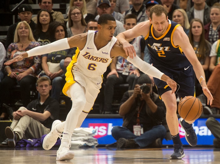 (Rick Egan  |  The Salt Lake Tribune)  Utah Jazz forward Joe Ingles (2) goes for the ball along with Los Angeles Lakers guard Jordan Clarkson (6), in NBA action, Utah Jazz vs. Los Angeles Lakers, in Salt Lake City, Saturday, October 28, 2017.