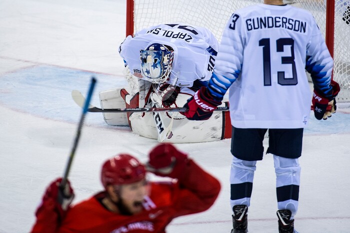 (Chris Detrick  |  The Salt Lake Tribune)  United States goaltender Ryan Zapolski (30) reacts after allowing a goal during the United States vs Olympic Athletes from Russia hockey game at Gangneung Hockey Centre during the Pyeongchang 2018 Winter Olympics Saturday, Feb. 17, 2018. Olympic Athletes from Russia defeated United States 4-0.