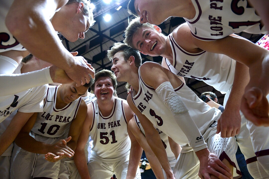 (Leah Hogsten  |  The Salt Lake Tribune) Lone Peak celebrates the win. Lone Peak defeated Pleasant Grove 61-44 to win the 6A High School BoysÕ Basketball Tournament Championship at the Jon M. Huntsman Center in Salt Lake City, Saturday, March 3, 2018. 