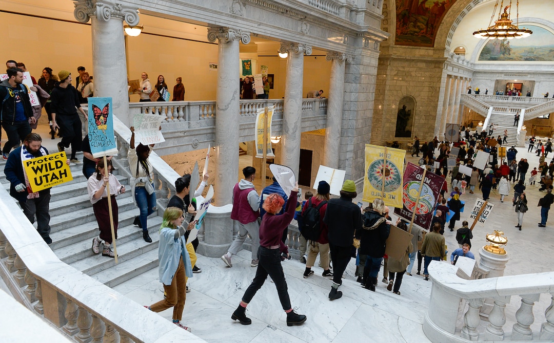 (Francisco Kjolseth  |  The Salt Lake Tribune)  Fridays For Future, Utah Youth Environmental Solutions, and partners strike in opposition to UtahÕs final oil and gas lease sale of 2019 that will auction off public lands and further fossil fuel development during a rally at the Utah Capitol on Friday, Dec. 6, 2019, that moved into the rotunda and concluded outside of Gov. Gary Herberts office.