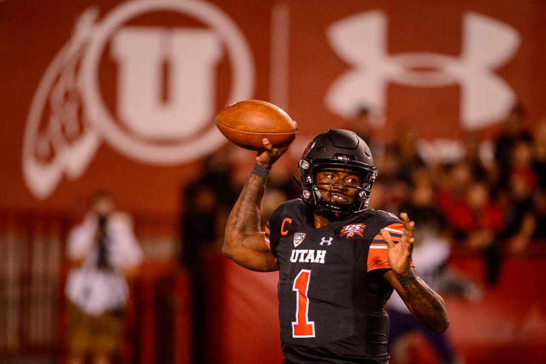 (Trent Nelson | The Salt Lake Tribune)  Utah Utes quarterback Tyler Huntley (1) as the University of Utah hosts Washington at Rice-Eccles Stadium in Salt Lake City, Saturday Sept. 15, 2018.