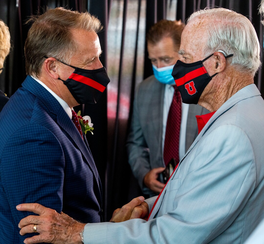 (Rick Egan | The Salt Lake Tribune) Taylor R. Randall shakes hands with Spence Eccles, after the University of Utah announced that Randall was the new President of the University of Utah, during a news conference, on Thursday, Aug. 5, 2021.