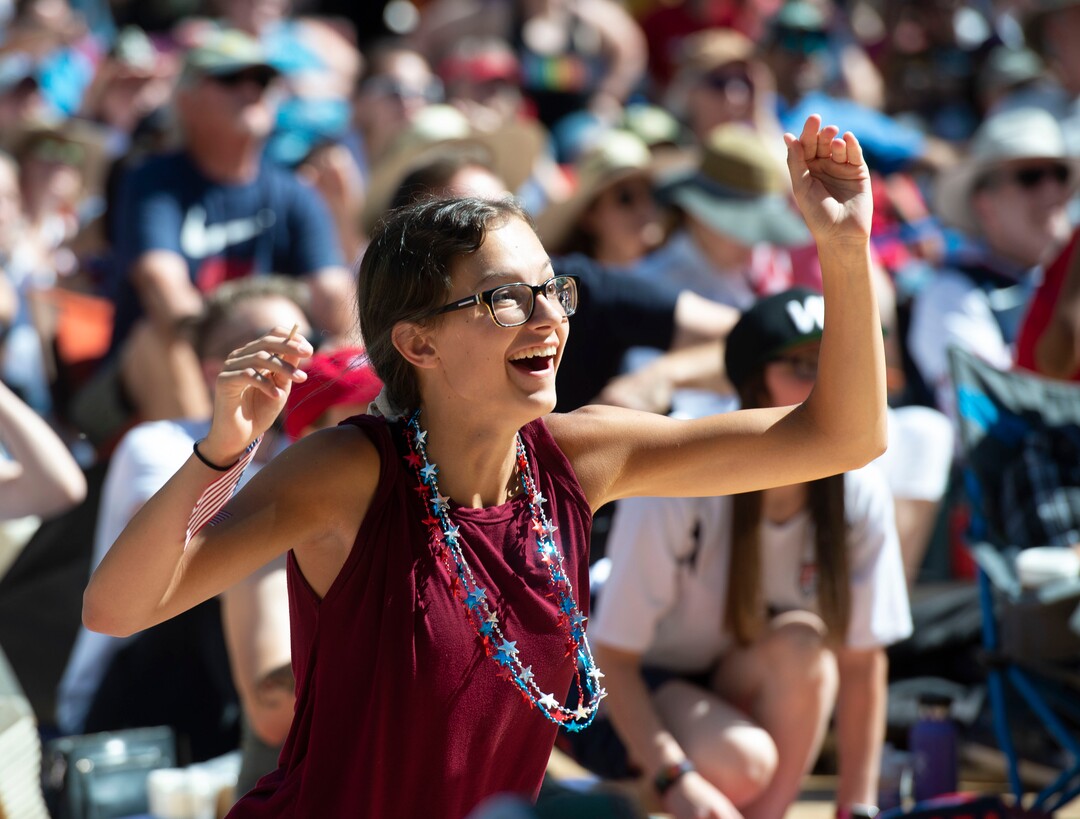 (Rick Egan  |  The Salt Lake Tribune)   Kate Phippen from Layton, cheers as the US women's team plays the Netherlands in the World Cup final, during a watch party at the Gallivan Center in Salt Lake, Sunday, July 7, 2019.