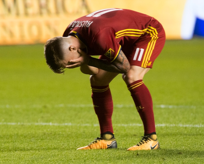 (Rick Egan | The Salt Lake Tribune) Real Salt Lake midfielder Albert Rusnak (11) reacts after narrowly missing a goal, in MLS action, Real Salt Lake Vs. Houston Dynamo, in Sandy, Saturday, August 5, 2017.