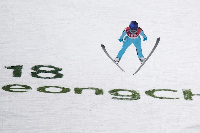 (Chris Detrick  |  The Salt Lake Tribune)  USA's Sarah Hendrickson competes in the Ladies' Normal Hill Individual at the Alpensia Ski Jumping during the Pyeongchang 2018 Winter Olympics Monday, February 12, 2018.  Hendrickson finished in 19th place with a total of 160.6.
