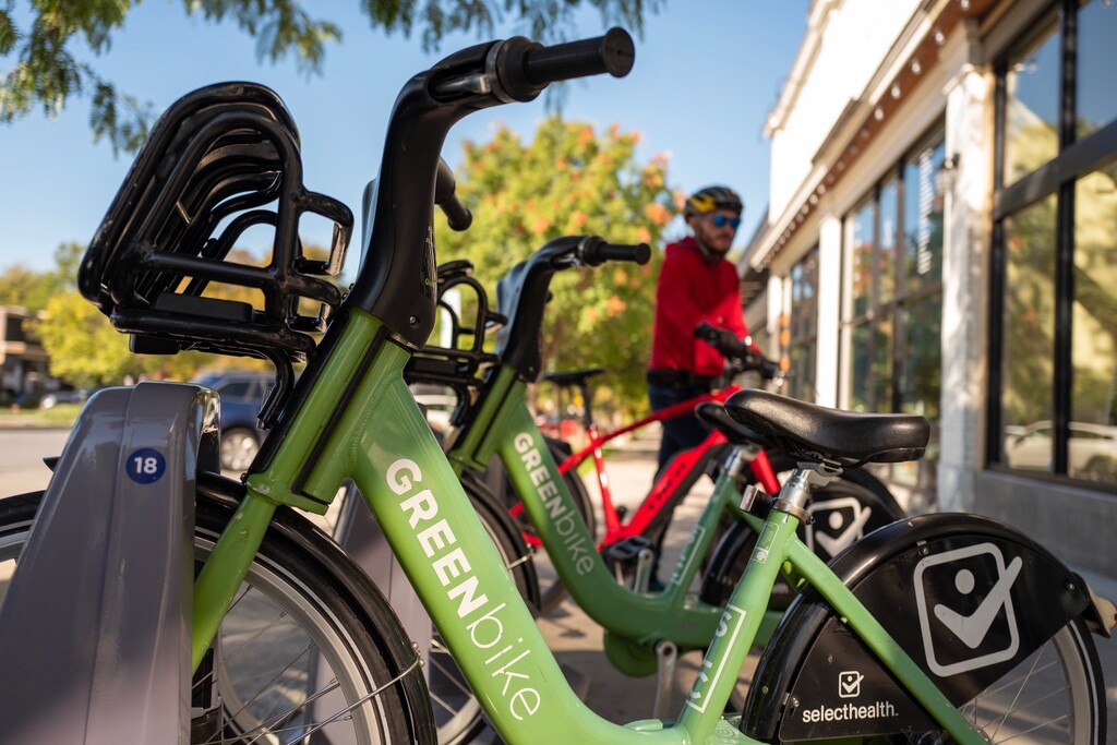 (Trent Nelson  |  The Salt Lake Tribune)GREENbikes in racks at 9th and 9th in Salt Lake City on Thursday, October 3, 2019.
