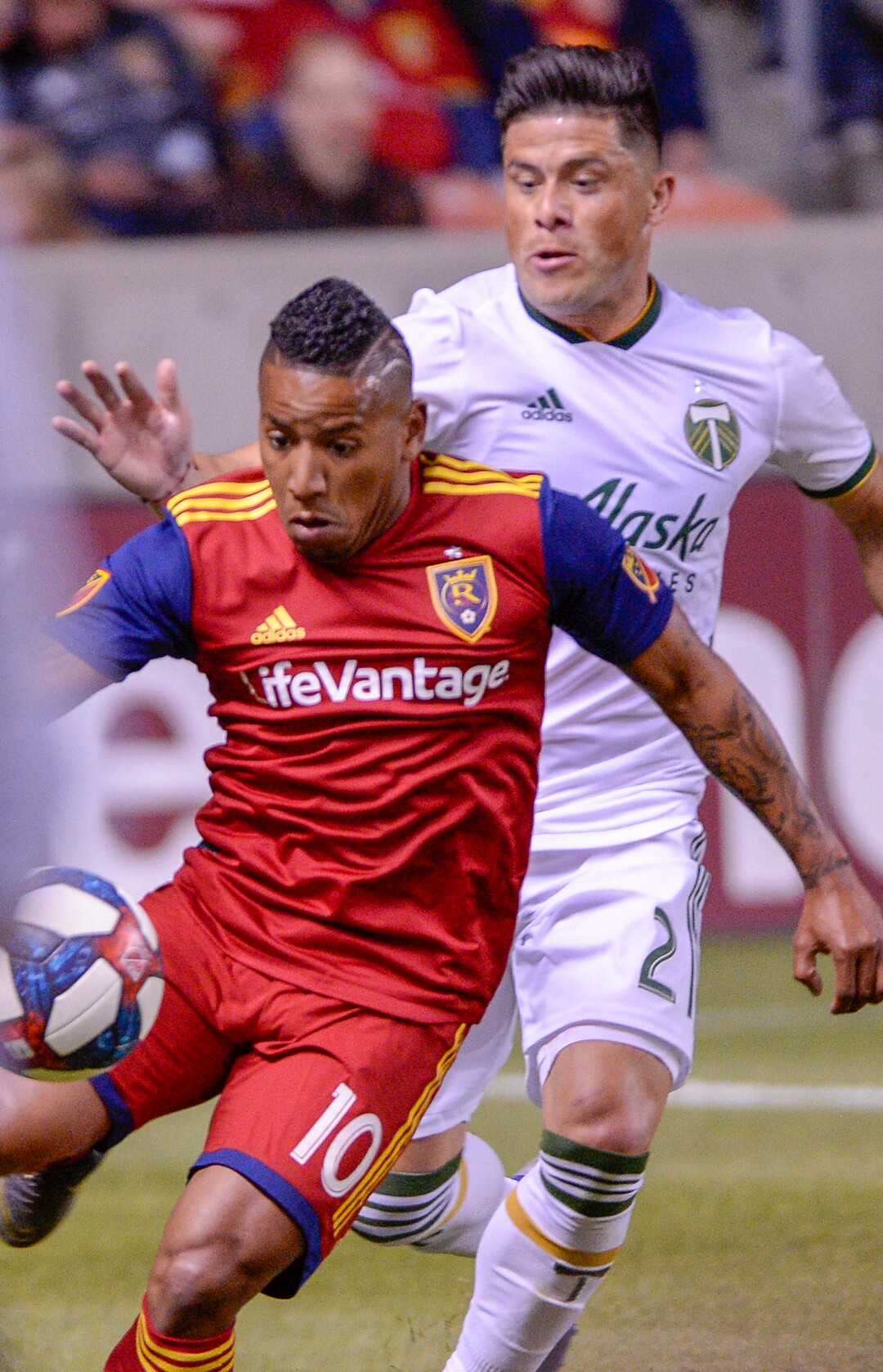 Leah Hogsten  |  The Salt Lake Tribune  Real Salt Lake forward Joao Plata (10) gets to the ball ahead of Portland Timbers defender Jorge Moreira (2). Real Salt Lake hosts the Portland Timbers, Saturday, May 4, 2019 at Rio Tinto Stadium in Salt Lake City.