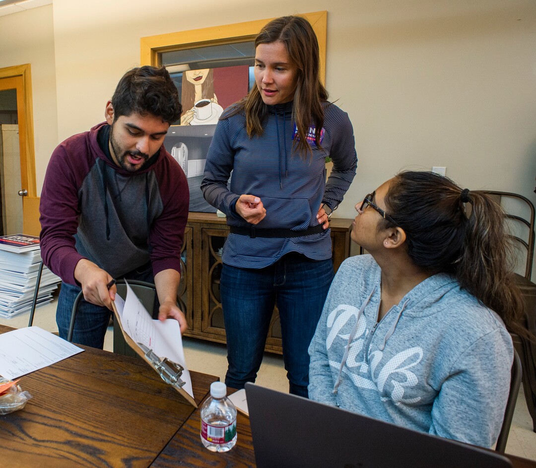 (Rick Egan  |  The Salt Lake Tribune)      Salt Lake City Mayor candidate Erin Mendenhall talks about her campaign with  Luigi Guadarrama and Lhyba Qazi. Saturday, Sept. 21, 2019.