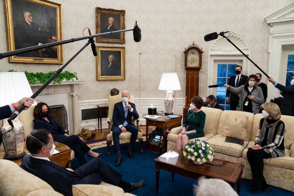 (Evan Vucci | AP photo)
President Joe Biden and Vice President Kamala Harris meet with Republican lawmakers to discuss a coronavirus relief package, in the Oval Office of the White House, Monday, Feb. 1, 2021, in Washington. From left, Sen. Mitt Romney, R-Utah, Vice President Kamala Harris, Biden, Sen. Susan Collins, R-Maine, and Sen. Lisa Murkowski, R-Alaska.