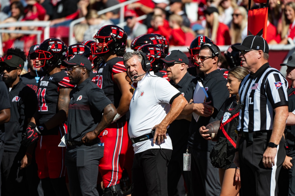 (James Roh | Special to The Tribune) Utah Utes head coach Kyle Whittingham looks on during the first half against the California Golden Bears at Rice-Eccles Stadium in Salt Lake City on Saturday, October 14, 2023. 