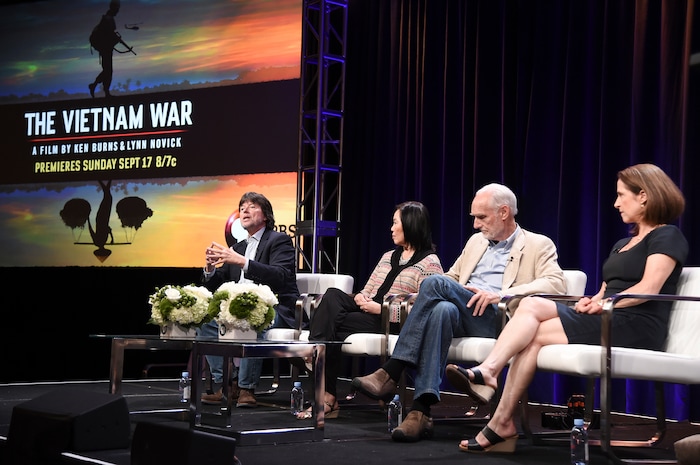 Ken Burns, from left, Mai Elliott, Gen. Merrill McPeak and Lynn Novick participate in the "The Vietnam War" panel during the PBS portion of the 2017 Summer TCA's at the Beverly Hilton Hotel on Sunday, July 30, 2017, in Beverly Hills, Calif. (Photo by Richard Shotwell/Invision/AP)