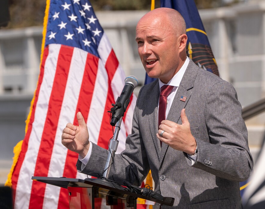 (Rick Egan | The Salt Lake Tribune) Utah Gov. Spencer Cox speaks at the Memorial Day Ceremony on the steps of the Utah Capitol Building on Monday, May 29, 2023.