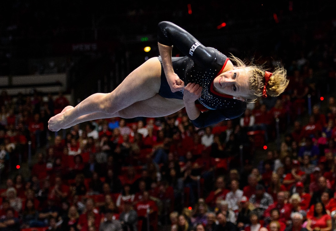 Trent Nelson  |  The Salt Lake TribuneUtah's MaKenna Merrell competes on the floor as Utah hosts George, NCAA gymnastics at the Huntsman Center in Salt Lake City, Saturday March 12, 2016.