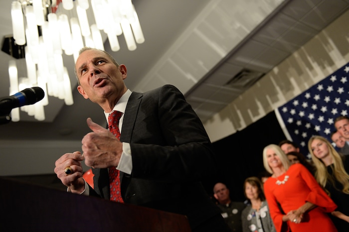 (Francisco Kjolseth  |  The Salt Lake Tribune)  John Curtis, Republican candidate for 3rd Congressional District celebrates his win at the Provo Marriott Hotel & Conference Center Tuesday, Nov. 7, 2017. He will fill the congressional seat recently vacated by Jason Chaffetz.