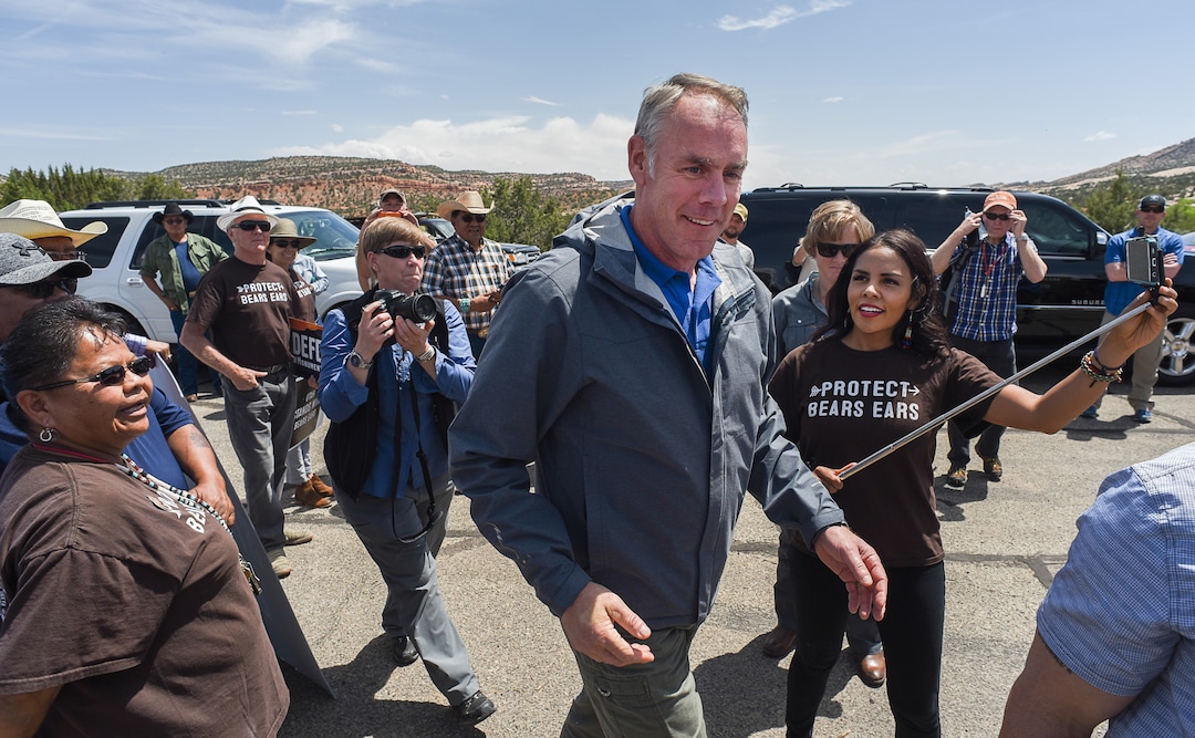 Francisco Kjolseth | The Salt Lake TribuneInterior Secretary Ryan Zinke arrives at the Butler Wash Indian Ruins trail head within Bears Ears National Monument as supporters of the monument crowd the parking lot on Monday, May 8, 2017. Interior Secretary Zinke is touring the monument, including Grand Staircase-Escalante National Monument this week as part of a review order by President Trump.