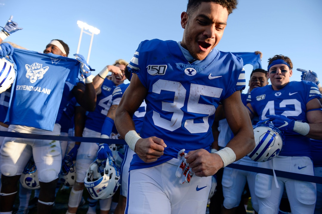 (Leah Hogsten  |  The Salt Lake Tribune)  Brigham Young University football players errupt into celebration after hearing the team is headed to the Hawaii Bowl. BYU defeated Idaho State, 42-10, Saturday, Nov. 16, 2019 at LaVell Edwards Stadium.