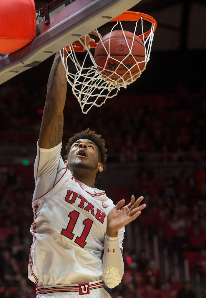 (Rick Egan  |  The Salt Lake Tribune)  Utah Utes forward Chris Seeley (11) dunks the ball , in PAC-12 basketball action between Utah Utes and Colorado Buffaloes, at the Jon M. Huntsman Center, Saturday, March 3, 2018.